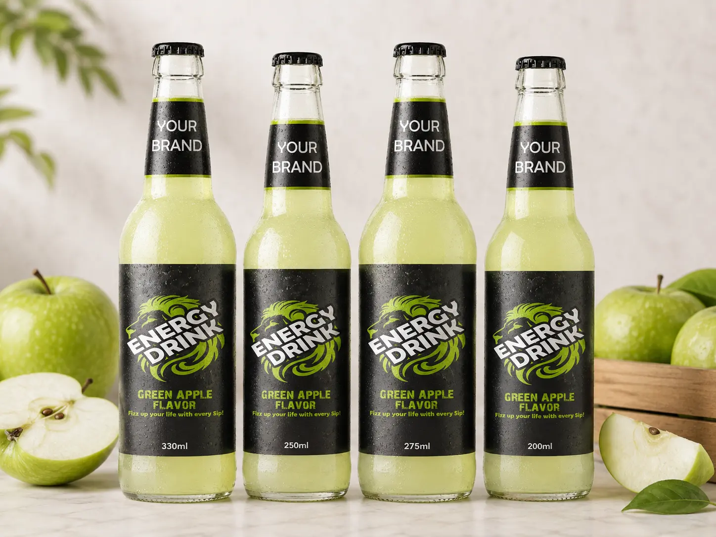 ENERGY DRINK Lime with Lemon flavored drink available in 330ml, 250ml, 275ml, and 200ml glass bottles.